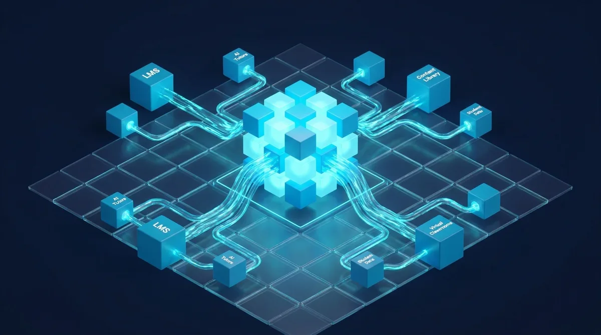 LMS Integration Network - isometric render of a central education hub connected to LMS, SMS, CRM and analytics nodes
