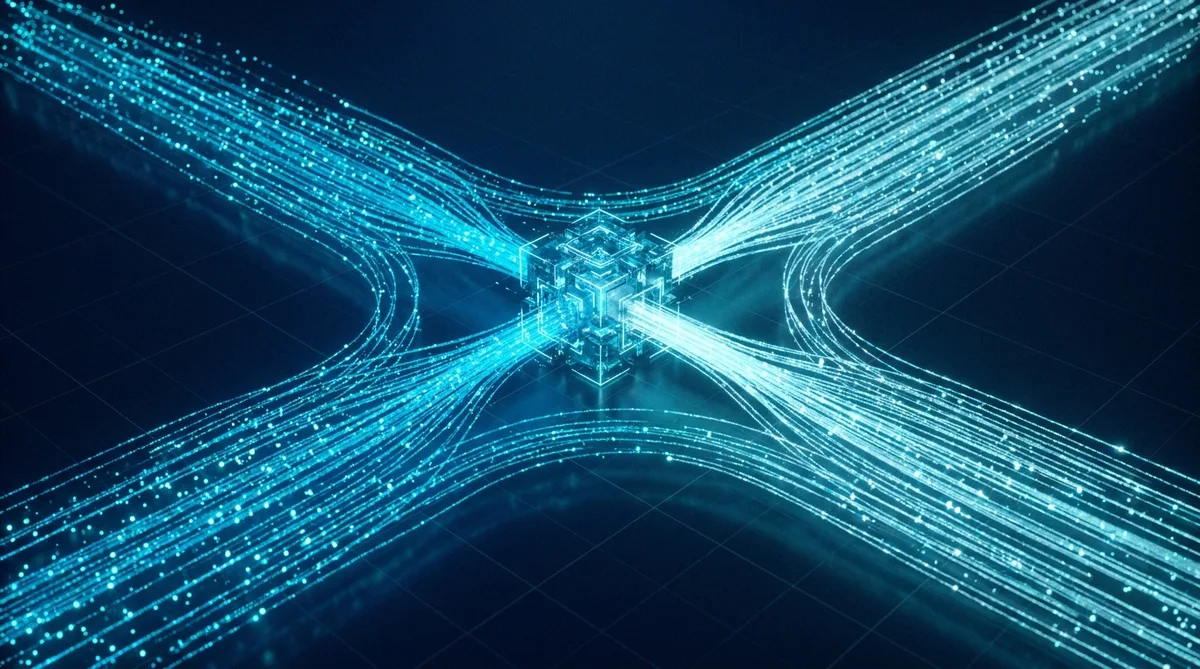 Data Integration Highway - luminous streams of data converging on a central geometric node