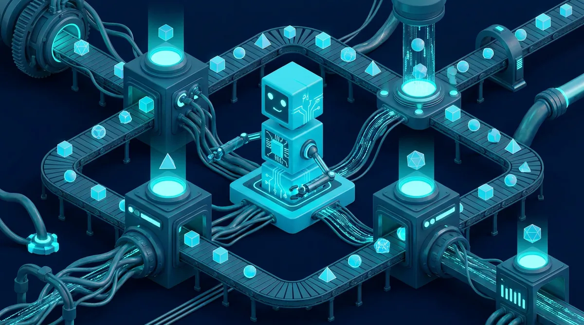 Automated Workflow Engine - isometric factory of conveyors and processing stations orchestrated by a modular bot